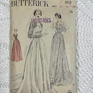 Vintage 1940's Butterick 4810 Sewing Pattern-Misses' Wedding and Bridesmaid Dress Size 12 Bust 30