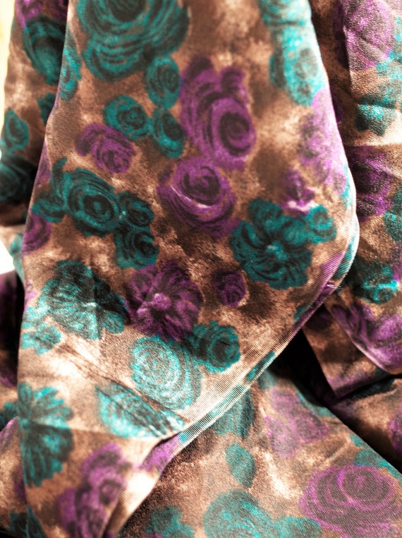 3+ Yards of Vintage Silky Synthetic Brown Purple and Teal Green Floral Fabric