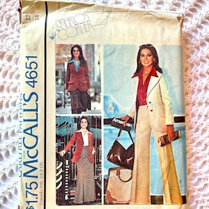 May include: Vintage McCall's 4651 sewing pattern for misses' and junior petite unlined jacket, skirt, and pants. The pattern features images of the finished garments. The pattern is from Mario's Corner.