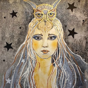 The Owling,9&quot;X 12&quot; mixed media on heavy watercolor paper, magical, mystical, stars, portrait, owl, young woman,night,flowing hair,enchanting