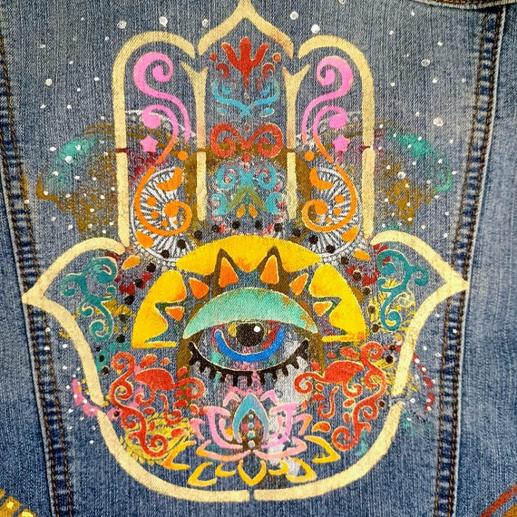 Hamsa & Evil Eye Guardian” — Hand-Painted Upcycled Denim Jacket