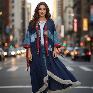 May include: A long, flowing blue coat with patchwork details and a fringed hem. The coat features red trim and a patterned scarf. The coat is worn over a white top and jeans. The background is a city street.