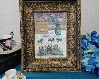 Dragonflies,Original Mixed Media Art/Painting 8X10 framed,home decor,inspirational quote,gift for him,gift for her,vintage frame,whimsical