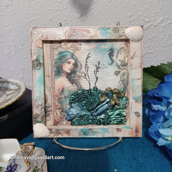 The Mermaids ,Original Mixed Media Art 6"X 6",in wood panel, gift for her, gift for him,3D, sea shells,sea horse,magical,home decor