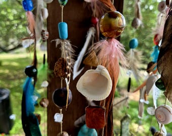 Forest Witch Talisman • Crystal & Feather Hanging Mobile • Ritual Decor • Driftwood Triangle Wall Hanging • One of a Kind