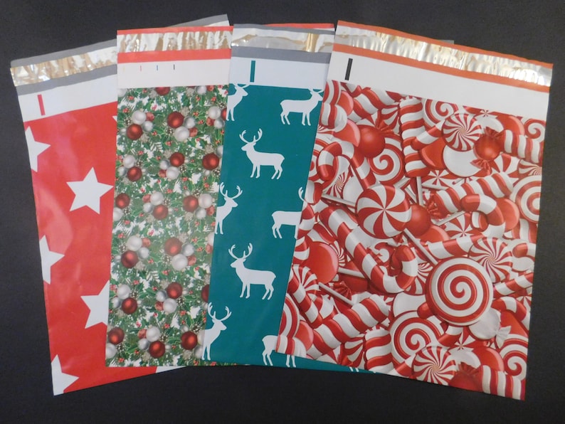 Designer Poly Mailers Shipping Envelopes 10x13 Candy Cane Christmas 50 Pack Red, White