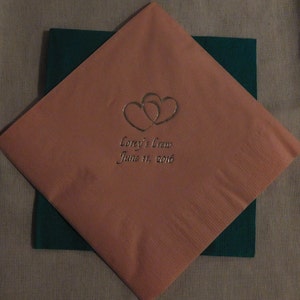 25 Double Heart Personalized Beverage Napkins, Custom Stamped Cocktail Napkins, Foil Stamped, Wedding Favors, Bridal Shower