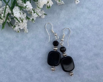 Silver and Black Flat Beaded Earrings