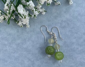 Green and Cream Beaded Earrings