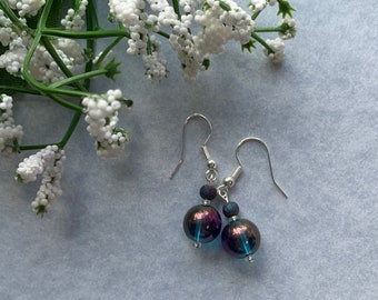 Clear Crystal Blue and Purple Beaded Earrings