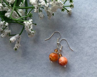 Red Marble and Matte Orange Beaded Earrings