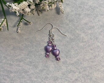 Purple Beaded Heart Earrings