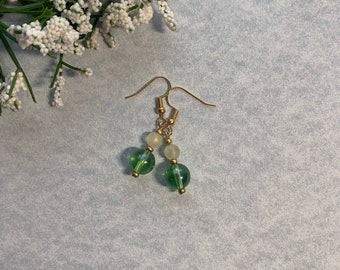 Crystal Green and Matte Cream Beaded Earrings