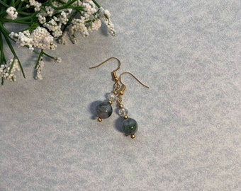 Green, Clear and Gold Beaded Earrings