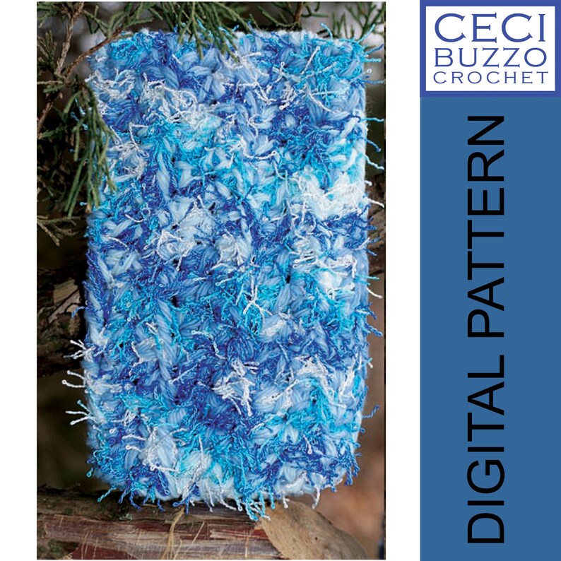 May include: A crochet pattern for a blue and white fuzzy crocheted square with a fringe border. The pattern is called "Digital Pattern" and is by "Ceci Buzzo Crochet".