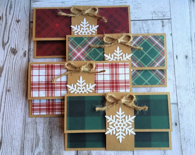 Christmas Gift Card Holders Set Plaid With Snowflake & Bow Money Holder