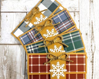 Juego de 4 tarjeteros navideños: Diseño tradicional en cuadros rústicos