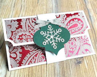 Portamonedas navideño - Estampado cachemir navideño, lazo plateado y copo de nieve