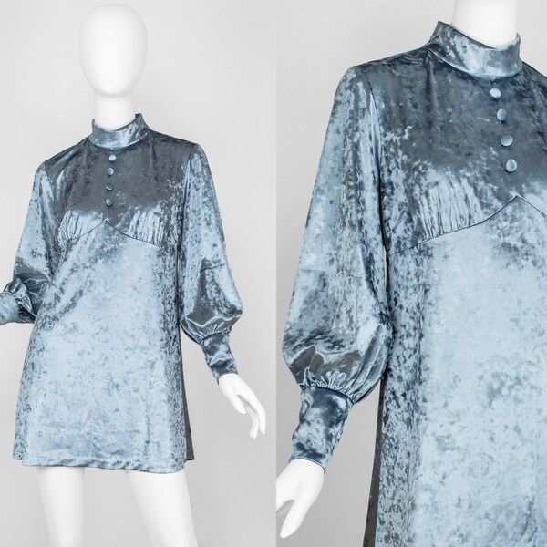Crushed Velvet Dress 1960's inspired/ Blue mini dress with long sleeves/ 60's dress with puff sleeves/ Late 60's mini dress with sleeves