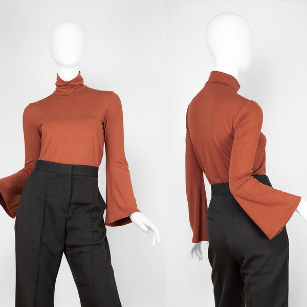 1970s Bell sleeves turtleneck/ 1960s top with bell sleeves/ 70s inspired rust turtleneck/ 70s Spring Bell sleeve top/ S-XL sizes available