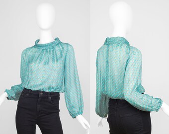 1960s inspired sheer blouse with rolled collar and back button/ Sheer early 60s blouse/ Daisy print blue blouse/ Floral spring 60s blouse