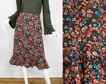 70s Ruffle Hem Midi Skirt/High Waisted Mid Length Skirt/Flower Power Skirt/1970's inspired skirt/Flower printed Skirt/ Cottagecore skirt