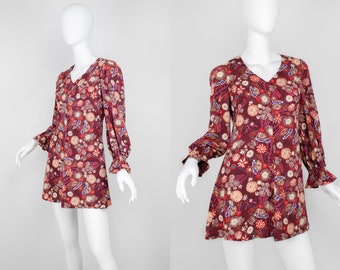 Mini robe inspirée des années 70 avec manches longues ballon / Robe printemps été années 70 / Robe courte Flare à manches / Robe florale des années 60 avec col en V