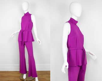 Bamboo sleeveless Turtleneck Top and Flared Leggings Set /Matching top and bottom 70's inspired/ 60s matching set/ Hot pink  two piece set