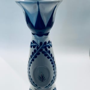 White Porcelain Empty Tequila Decanter Hand Made Floral Cobalt Painted Pewter Stopper