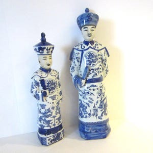 Asian Chinoiserie Blue White Signature Figures Porcelain Statues Decorative Set