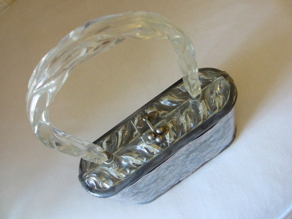Lucite Purse Pearl Silver Gray Style Wavy Boxy Han