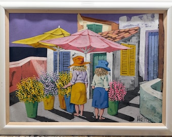 Impressionist Gouache On Paper Two Women In The Courtyard Signed Watercolor