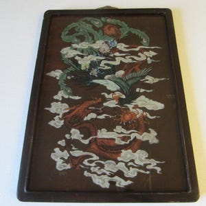 Chinese Dragon Painted Glass Colored Flowers White Clouds Brown Wood Frame Brass Hanging Hardware image 16