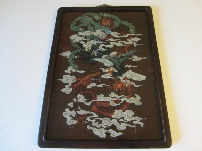 Chinese Dragon Painted Glass Colored Flowers White Clouds Brown Wood Frame Brass Hanging Hardware image 16