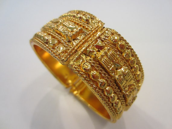 Golden Cuff Bangle Metal Hinged Bracelet Geometri… - image 3