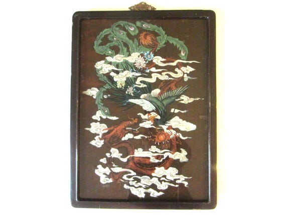 Chinese Dragon Painted Glass Colored Flowers White Clouds Brown Wood Frame Brass Hanging Hardware