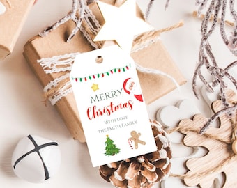 May include: White gift tag with red and green Christmas lights, a star, Santa Claus, a Christmas tree, a candy cane, and a gingerbread man. The text reads "Merry Christmas with love The Smith Family".