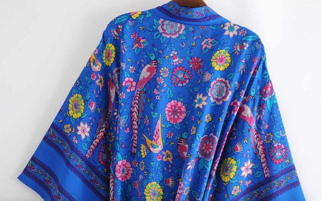 Bright Blue Long Kimono Eslimi Persian Pattern Cotton Cover - Etsy