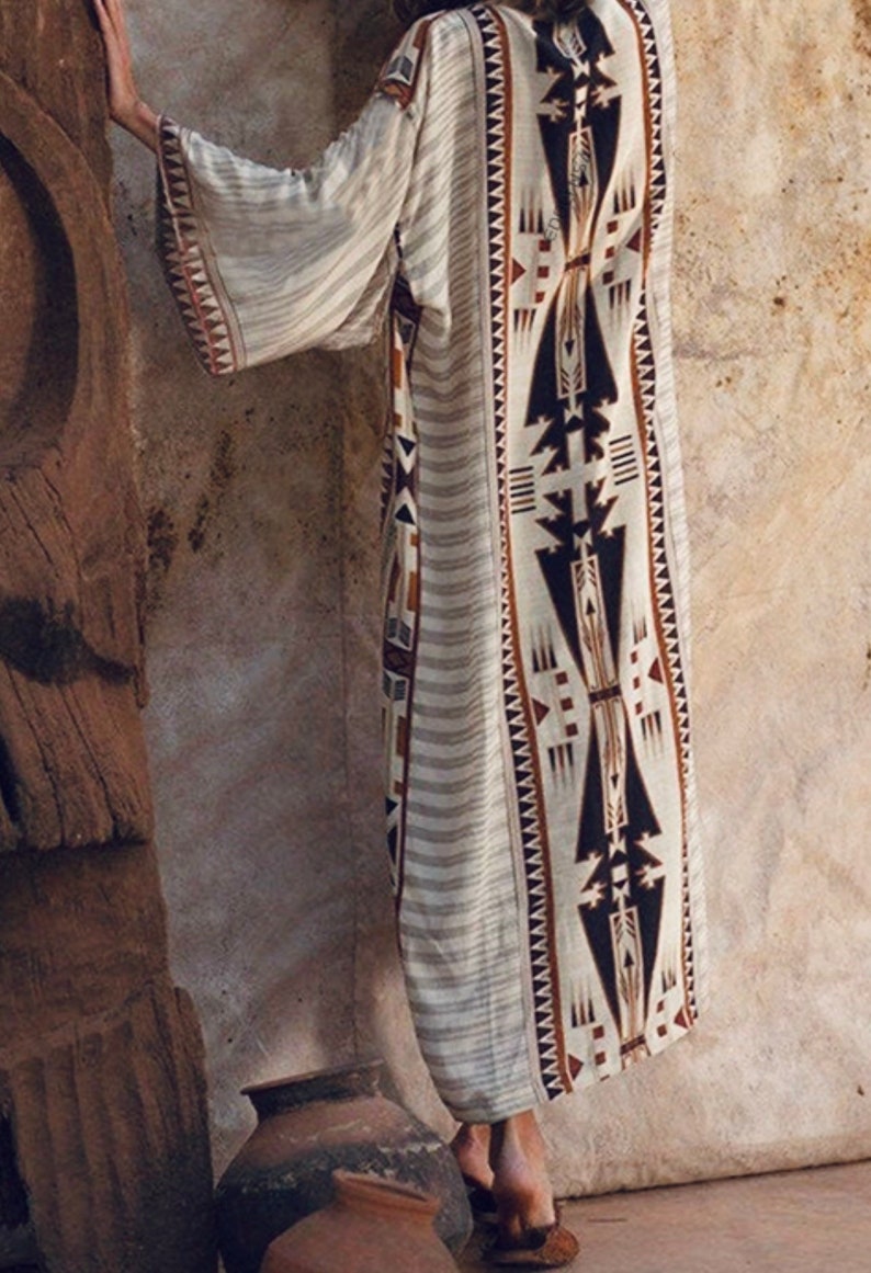Organic Cotton Aztec Kimono Robe – Boho Beige Cover-Up