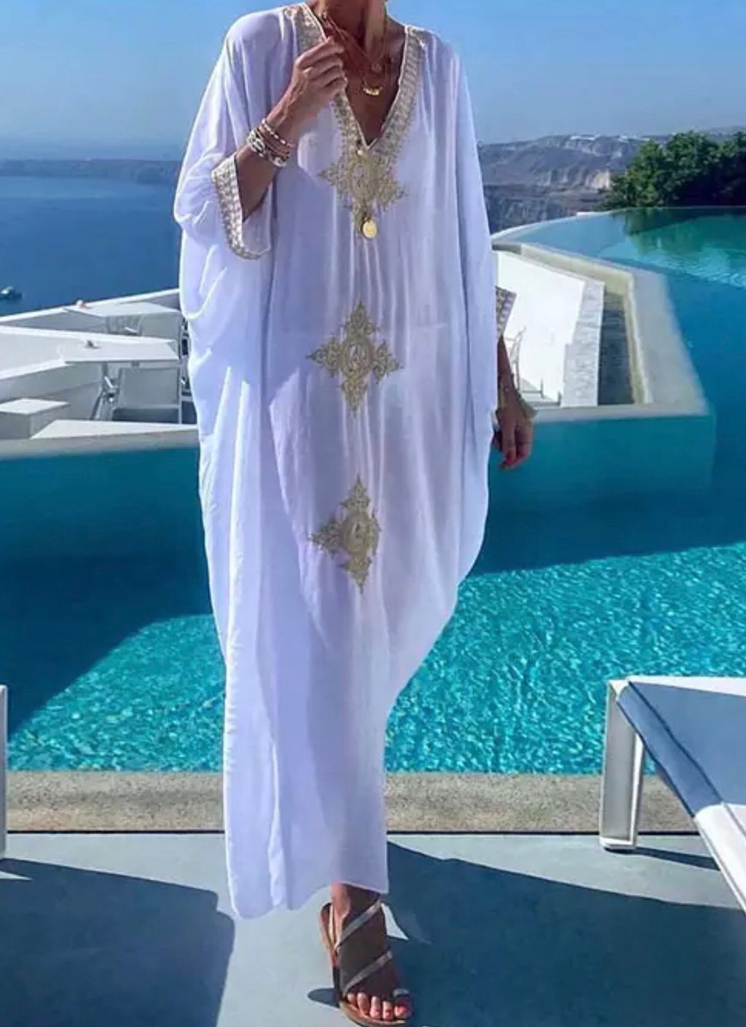 White and Gold Embroidered Kaftan Cover Ups Long Dress Beach - Etsy
