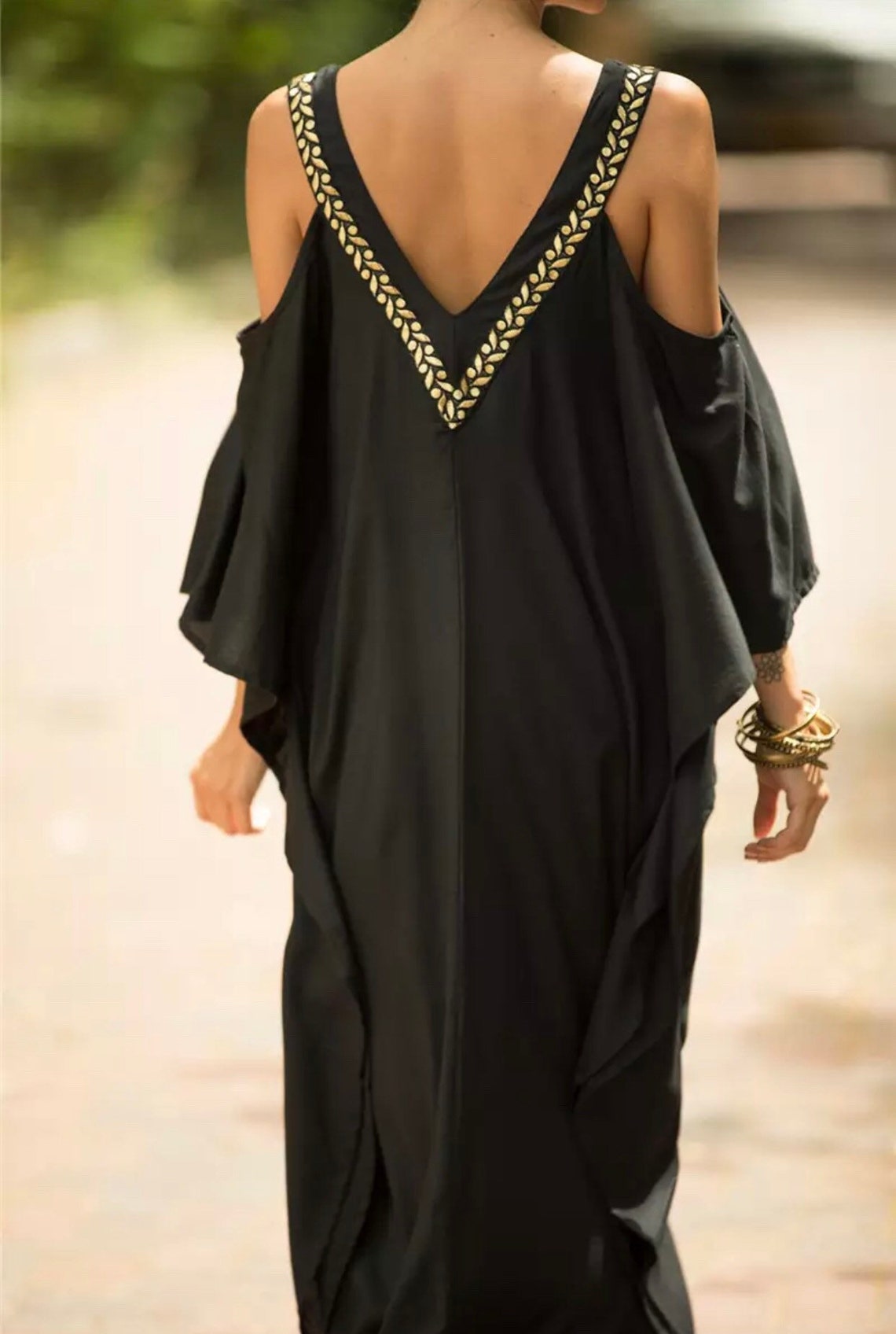 Black and Gold Embroidered Kaftan Cover Ups Long Dress Beach Etsy