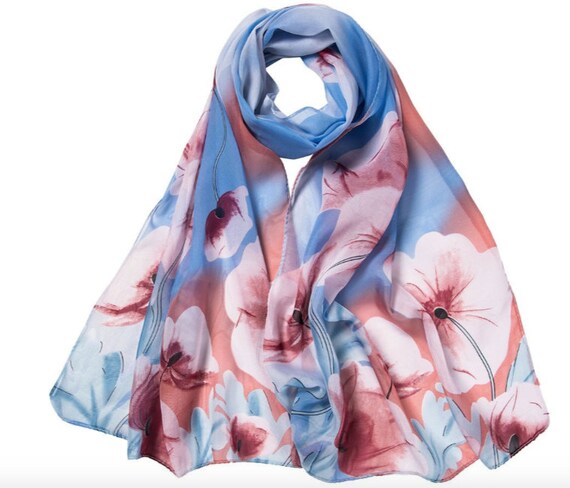 FLOWER PATTERN ALL SEASON LIGHT WEIGHT WRAP OR SCARF COLOR BLUE