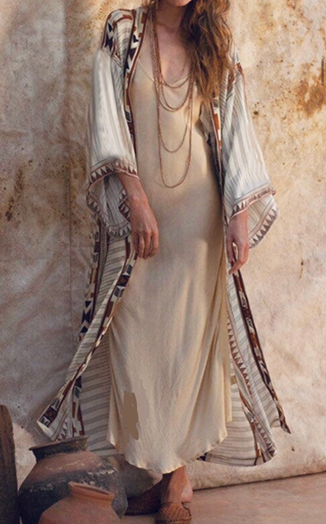 Sunshine 79 Women's Kimono Swimsuit Cover Up - Ivory Tropical Print With Tassel Trim