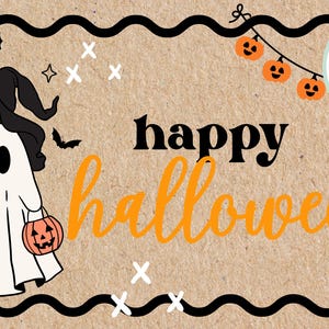 May include: A Halloween-themed design with a cartoon ghost wearing a witch hat and holding a pumpkin. The words "happy Halloween" are in black and orange, surrounded by bats, stars, and a decorative border.