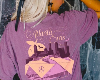 Night Two Atlanta Skyline Stadium Eras Tour Tee with Surprise Songs High Infidelity and Gorgeous