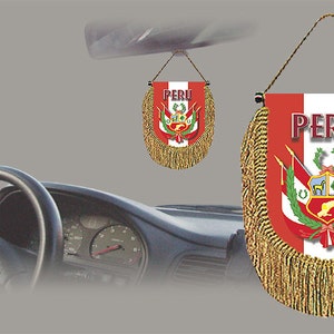 May include: Red and white car hanging flag with gold fringe and the coat of arms of Peru and the word "PERU" printed on it.