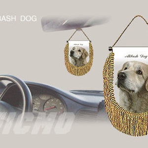 May include: A white Akbash Dog with brown eyes and a brown nose is featured on a white and gold car hanging ornament. The ornament has a gold fringe and the text "Akbash Dog" is printed on the ornament.