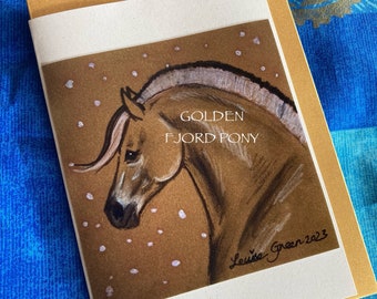GOLDEN FJORD PONY - tarjeta adornada a mano con sobre dorado de 4" x 6".