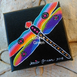 DRAGONFLY N DOTS - original acrylic painting 4&quot; x 4&quot;