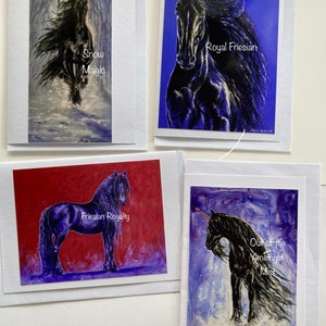 COLECCIÓN FRIESIANS LILA #1. - Paquete de 4 tarjetas de felicitación en blanco con sobres lilas o blancos.